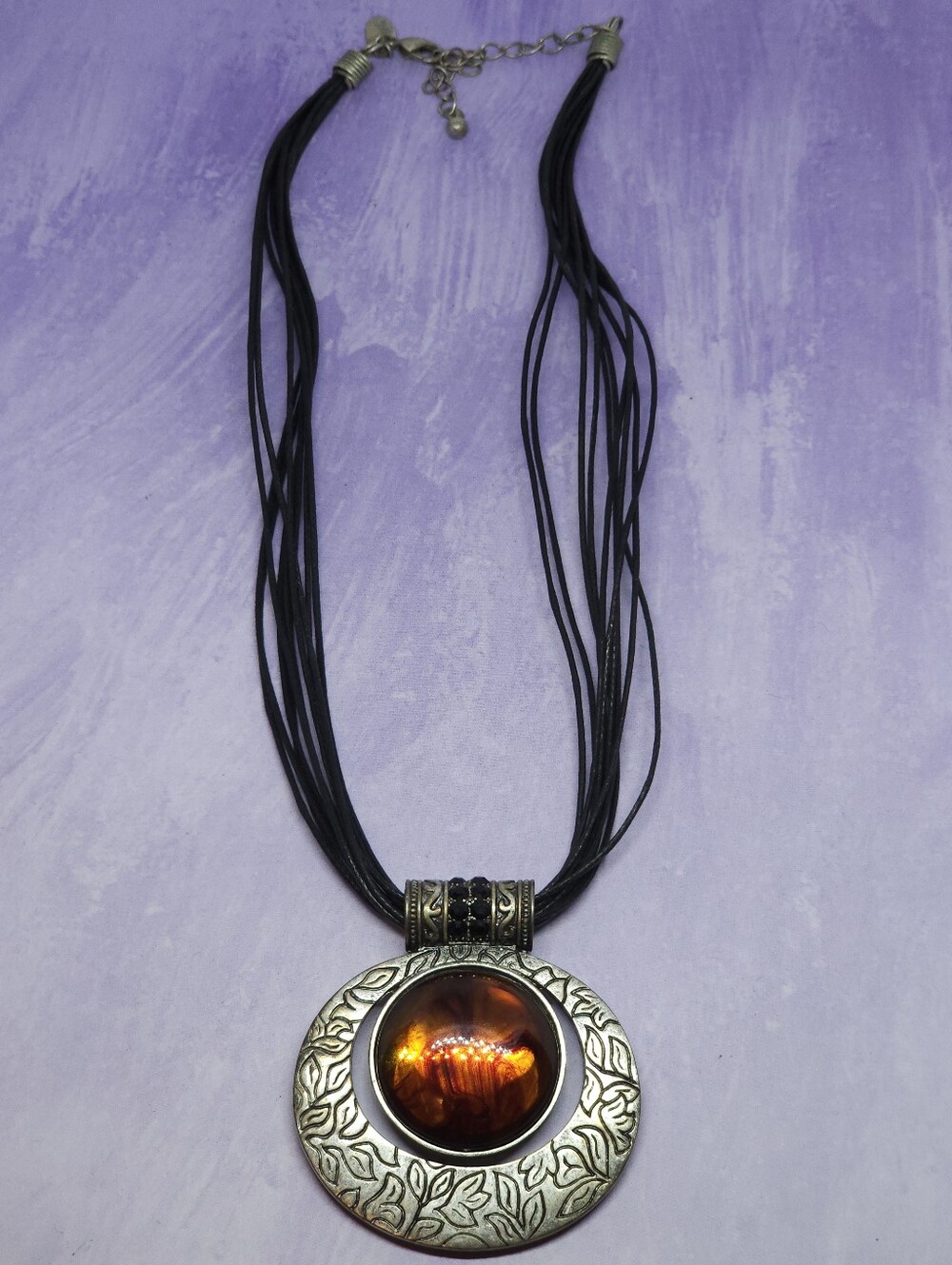 Lia Sophia Muti Strand Cord Necklace With Silver Tone Faux Amber Pendant